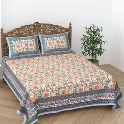 CURIOUS LIFESTYLE Beige & Blue Floral 300 TC King Bedsheet with 2 Pillow Covers-32