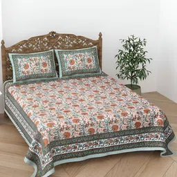 CURIOUS LIFESTYLE Brown & Blue Floral 300 TC Cotton Flat King Bedsheet & 2 Pillow Covers-10