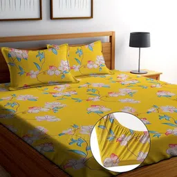AMRANGE Yellow & White Printed 250 TC Microfiber Fitted King Bedsheet with 2 Pillow Covers-6