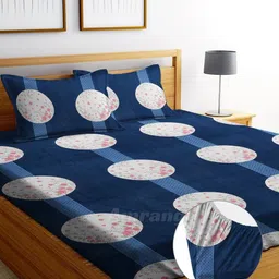 AMRANGE Blue & Grey Printed 250 TC Microfiber Fitted King Bedsheet with 2 Pillow Covers-image-22