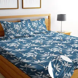 AMRANGE Blue & White Floral Fitted 250 TC King Bedsheet with 2 Pillow Covers-image-71