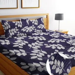 AMRANGE Blue & White Printed 250 TC Microfiber Fitted King Bedsheet with 2 Pillow Covers-picture-9