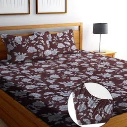 AMRANGE Brown & Grey Printed 250 TC Microfiber Fitted King Bedsheet with 2 Pillow Covers-image-24