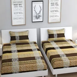 Bromwick Cream Abstract Cotton 210 TC 2 Single Bedsheet With 2 Pillow Covers-0