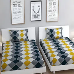 Bromwick White & Mustard Geometric Cotton 210 TC 2 Single Bedsheet With 2 Pillow Covers-image-52