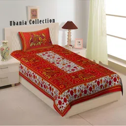 UBANIA COLLECTION Red & White Printed Cotton 144 TC Single Bedsheet With Pillow Cover-17