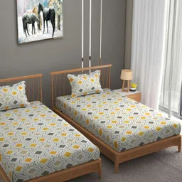 Bromwick White 2 Pieces Abstract Cotton 210 TC Single Bedsheet With 4 Pillow Covers-image-60