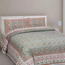 Urban Jaipur Green Pink Floral Cotton 186 TC King Bedsheet With 2 Pillow Covers-image-69