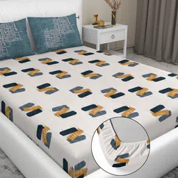 RD TREND Off White Printed 210 TC Pure Cotton Fitted King Bedsheet & 2 Pillow Covers-image-64