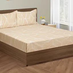 SWAYAM Zinnia Beige & White Abstract Cotton 250 TC King Bedsheet With 2 Pillow Covers-image-40