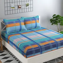 Innovative Edge Blue & Orange Striped 300 TC Cotton King Fitted Bedsheet & 2 Pillow Covers-image-23