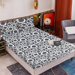 Innovative Edge Grey & White Floral 160 TC Cotton King Fitted Bedsheet & 2 Pillow Covers-image-26