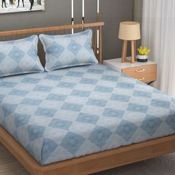 MAFATLAL Blue & White Geometric Cotton 144 TC King Bedsheet with 2 Pillow Covers-image-43