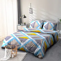 Cortina Blue Geometric Microfiber 110 TC Double Queen Bedsheet with 2 Pillow Covers-image-2