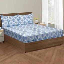 SWAYAM Blue & White Printed Cotton 160 TC King Bedsheet with 2 Pillow Covers-image-99