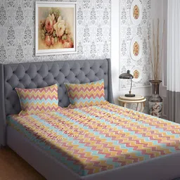 RRC Orange & Green Geometric 160 TC Cotton King Bedsheet with 2 Pillow Covers-7