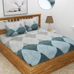 MORADO Blue & White Geometric 180 TC King Fitted Bedsheet with 2 Pillow Covers-18