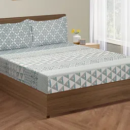 SWAYAM Blue & White Geometric Cotton 200 TC King Bedsheet with 2 Pillow Covers-image-69