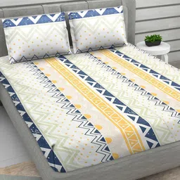 RRC White & Blue Geometric Printed 210 TC Microfiber King Bedsheet With 2 Pillow Covers-image-29