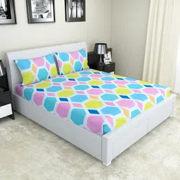 Nendle Blue & Yellow Geometric 210 TC Cotton Fitted King Bedsheet With 2 Pillow Covers-picture-15