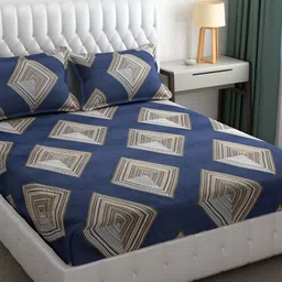 Furnistitchs Blue & Brown Geometric 300 TC Fitted King Bedsheet With 2 Pillow Covers-picture-42