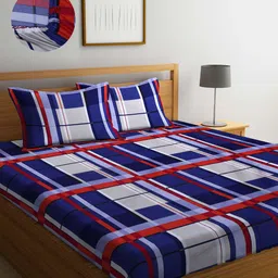 Arrabi Blue & White Geometric 300 TC King Bedsheet with 2 Pillow Covers-image-82