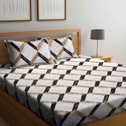 Arrabi Brown & White Geometric 300 TC King Bedsheet with 2 Pillow Covers-image-27