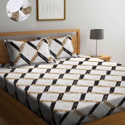 Arrabi Taupe & Black Geometric 300 TC King Bedsheet with 2 Pillow Covers-image-28