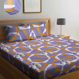 Arrabi Blue & Yellow Geometric 300 TC King Bedsheet with 2 Pillow Covers-image-67