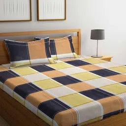 Arrabi Black & Yellow Geometric 300 TC Flat King Bedsheet with 2 Pillow Covers-picture-9