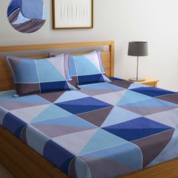 Arrabi Blue & Brown Geometric 300 TC King Bedsheet with 2 Pillow Covers-image-30
