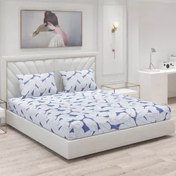 Monte Carlo Blue & White Floral Polyester 130 TC King Bedsheet With 2 Pillow Covers-picture-0