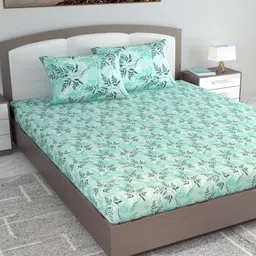 Divine Casa Emerald Sea Green Floral Cotton144 TC King Bedsheet with 2 Pillow Covers-picture-16