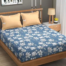 Florida Orange & Blue Floral Cotton 144 TC King Bedsheet With 2 Pillow Covers-picture-51