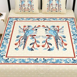 Qfab Cream & Blue Floral Cotton 144 TC King Bedsheet With 2 Pillow Covers-image-114