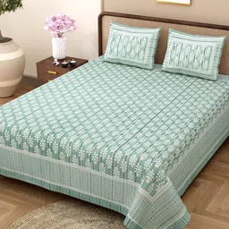 Rajasthanikart Green Ethnic Motifs Pure Cotton 144 TC King Bedsheet with 2 Pillow Covers-image-98