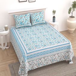 UNIQCHOICE Blue & Grey Floral Pure Cotton 180 TC King Bedsheet With 2 Pillow Covers-image-57