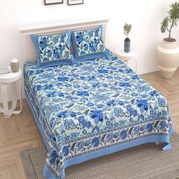 UNIQCHOICE Blue & Pink Floral Pure Cotton 180 TC King Bedsheet With 2 Pillow Covers-image-44
