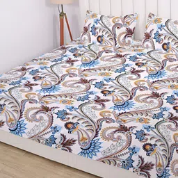 RD TREND White & Blue Ethnic Motifs Printed 210 TC Cotton King Bedsheet & Pillow Covers-image-86