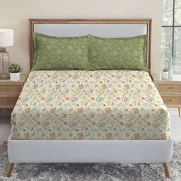 MYTRIDENT Green & White Floral 210 TC Cotton Fitted King Bedsheet with 2 Pillow Covers-image-16