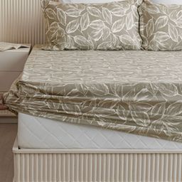 HOMEMONDE Green & White Floral Cotton Fitted 210 TC King Bedsheet With 2 Pillow Covers-image-58