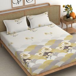 CHHAVI INDIA Grey & Beige Floral Cotton 210 TC King Bedsheet With 2 Pillow Covers-image-96