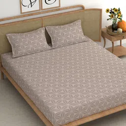 CHHAVI INDIA Brown & Grey Floral 210 TC Cotton King Flat Bedsheet with 2 Pillow Covers-image-84