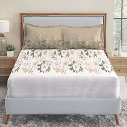 MYTRIDENT White & Green Floral 210 TC Cotton Fitted King Bedsheet with 2 Pillow Covers-image-98