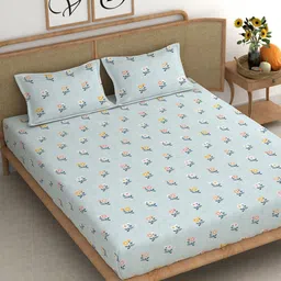 CHHAVI INDIA Blue & White Floral 210 TC Cotton King Flat Bedsheet with 2 Pillow Covers-image-44