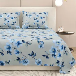 DREAM WEAVERZ Grey & Blue Floral 220 TC King Bedsheet with 2 Pillow Covers-image-75