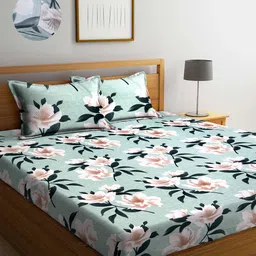 Arrabi Green Floral 300 TC King Bedsheet with 2 Pillow Covers-image-36
