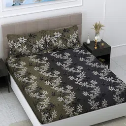 FABINALIV Black & Green Floral 300 TC Fitted King Bedsheet With 2 Pillow Covers-28