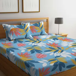 FABINALIV Blue & Yellow Floral 300 TC King Bedsheet With 2 Pillow Covers-image-80