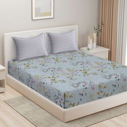 HOSTA HOMES Blue & Pink Floral 280 TC King Pure Cotton Bedsheet with 2 Pillow Covers-image-30